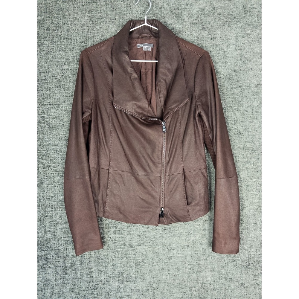 Vince Leather Moto Jacket Womens M Brown Asymmetric Zip Drape Collar Luxe
